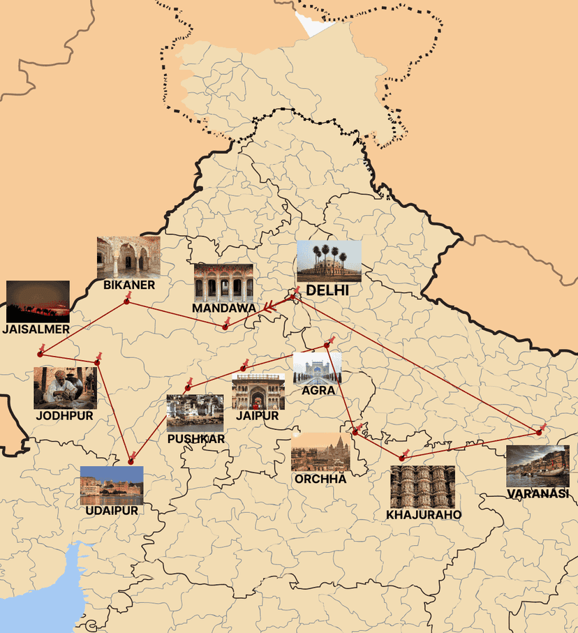 Route map of Royal Rajasthan and Sacred Ganges Tour by India Heritage Travel