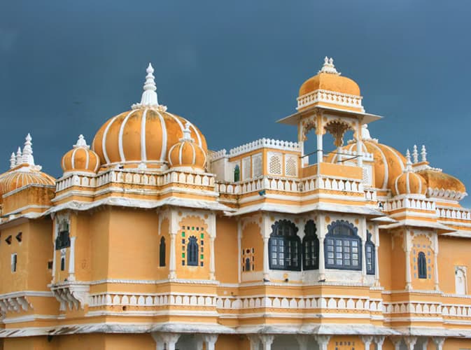 Deogarh Mahal architecture - Rajput sandstone palace with jharokhas and domes