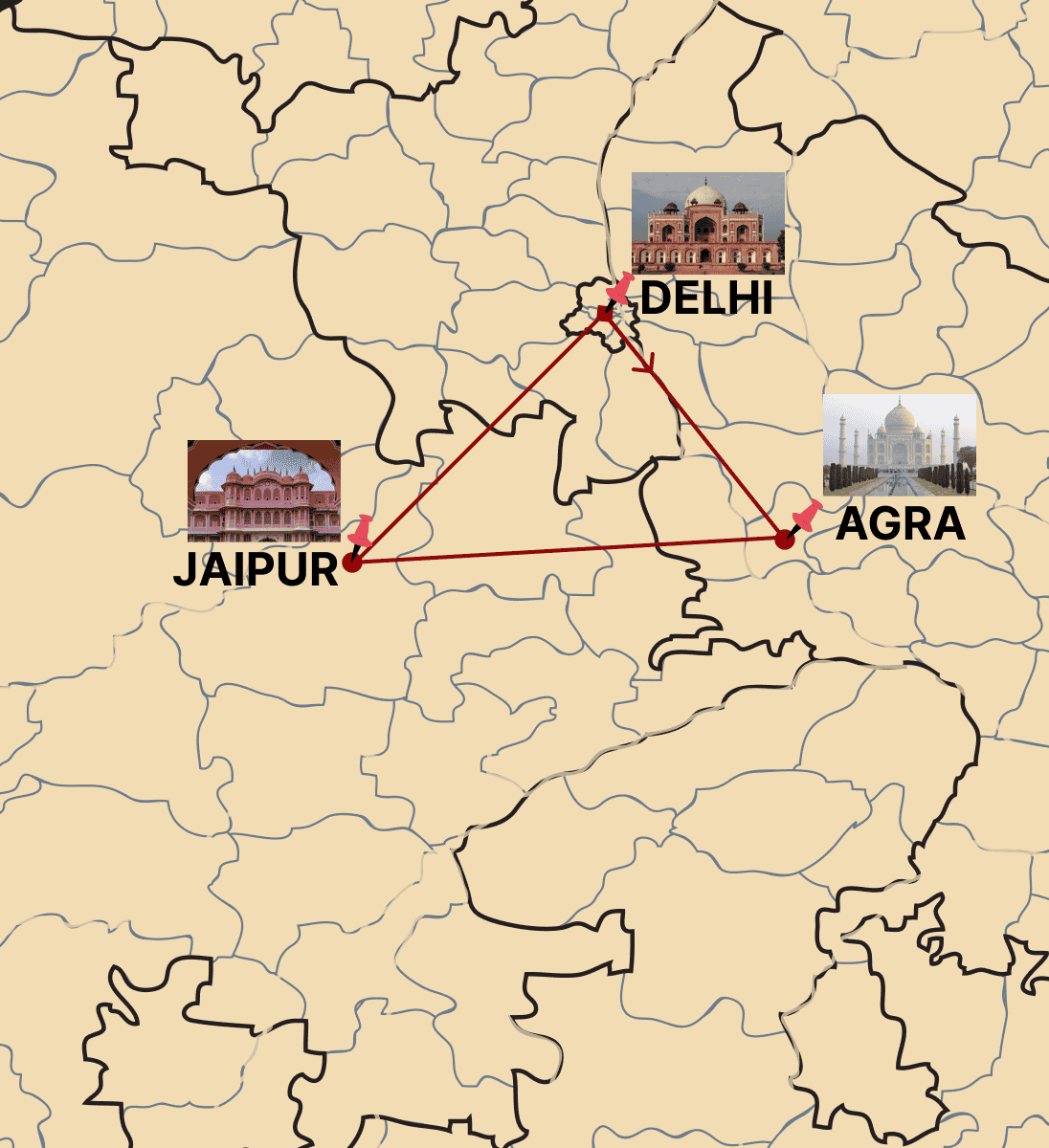 Majestic Golden Triangle Tour route map covering Delhi Agra Jaipur and iconic heritage attractions in India