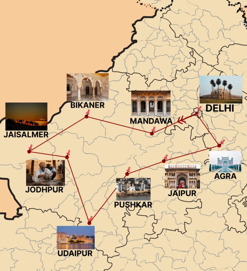 Route map of Rajasthani Heritage Retreat Tour by India Heritage Travel