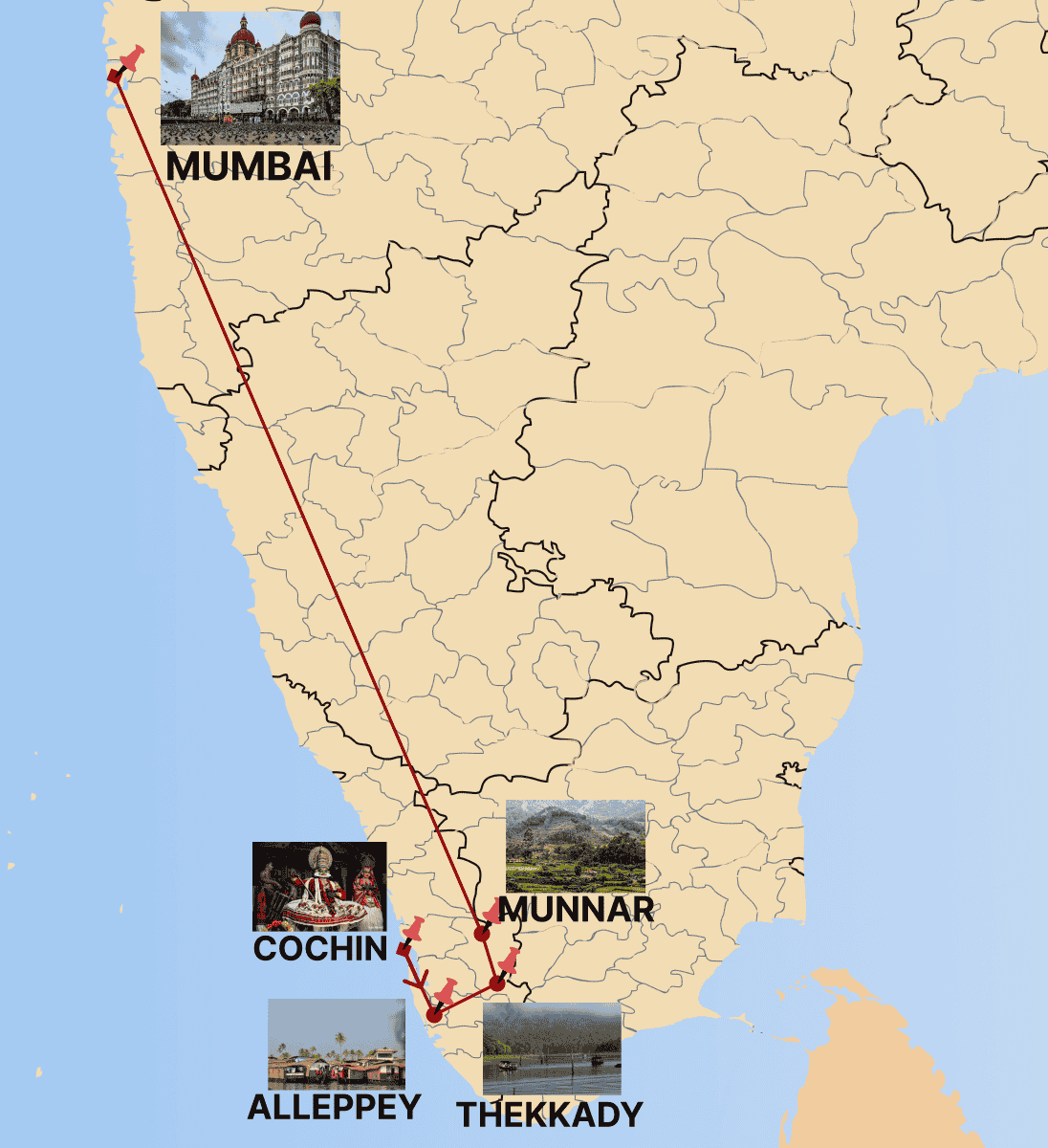 Coastal Treasures and Mountain Magic Kerala tour map covering Cochin Alleppey Thekkady and Munnar