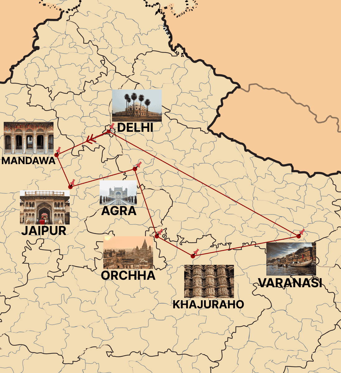 Route map of Mystical North India Discovery Tour by India Heritage Travel