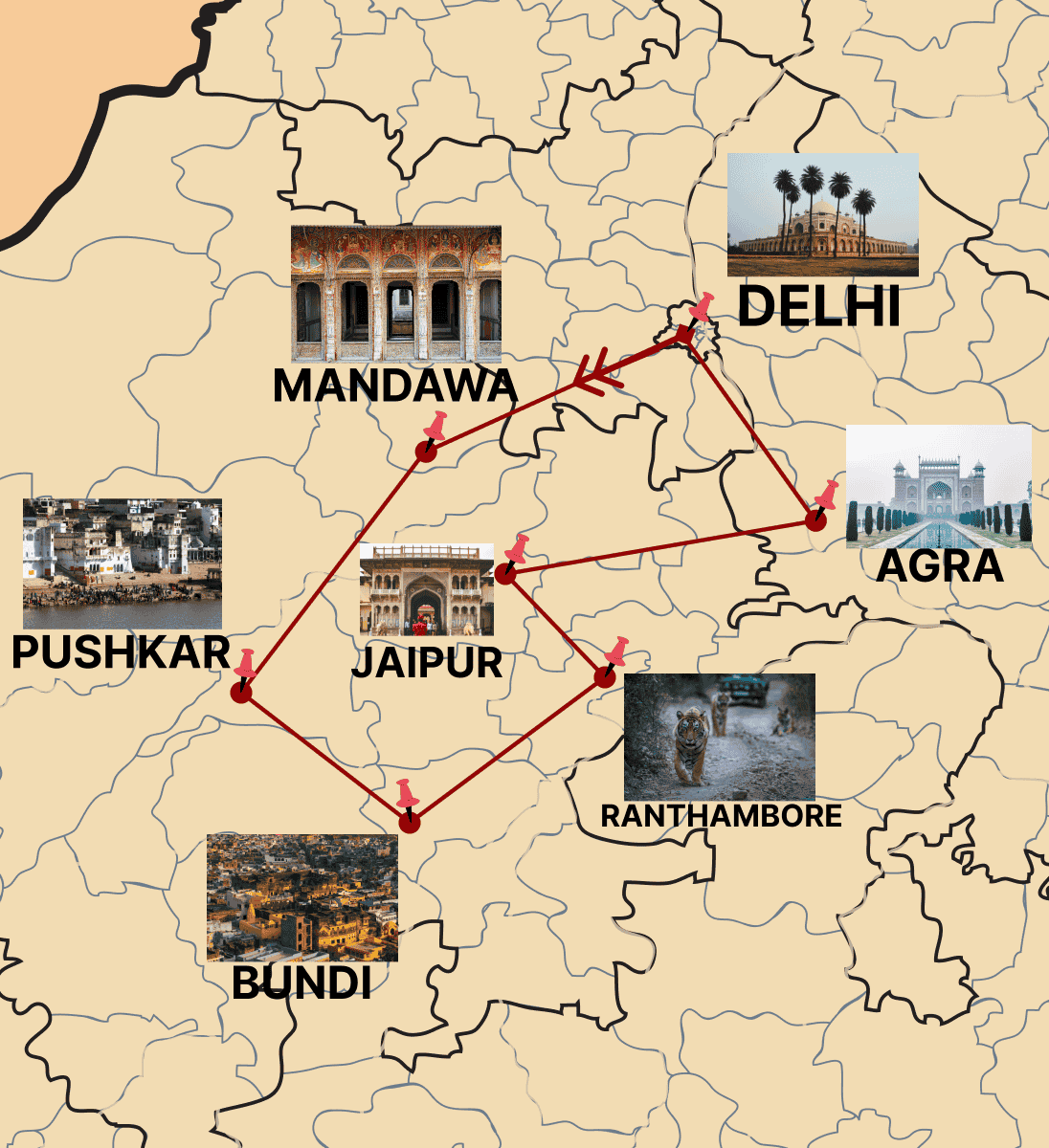 Heritage and Wildlife Tour India route map covering Delhi Mandawa Pushkar Ranthambore Jaipur and Agra