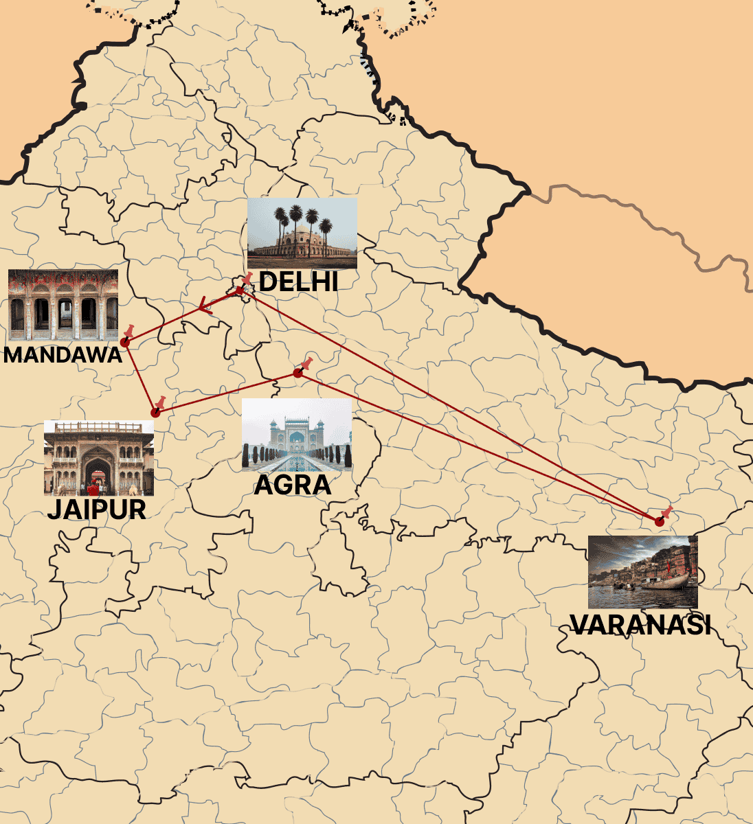 Route map of The Royal Heritage Trail Tour by India Heritage Travel