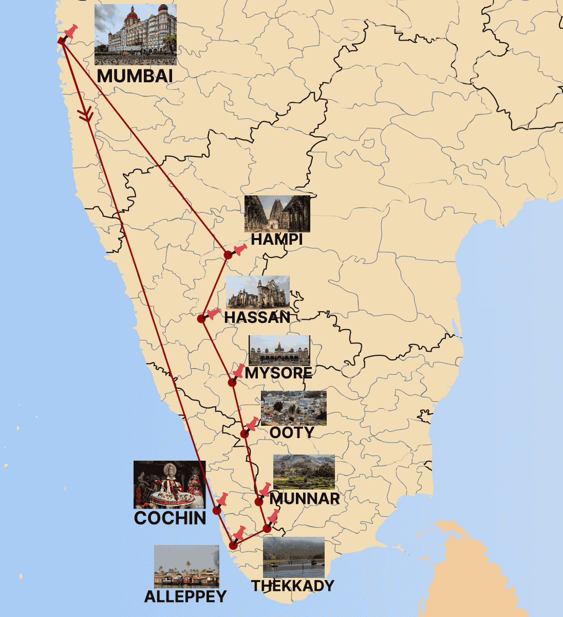 Southern Splendors Culture and Nature Trail Tour route map by India Heritage Travel