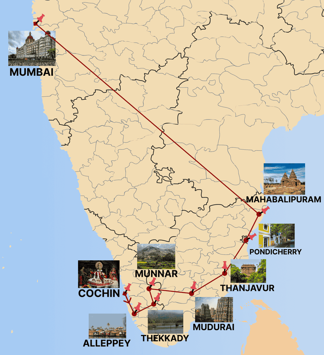 Mystical North India Discovery Tour route map covering Delhi Agra Jaipur Varanasi and heritage destinations