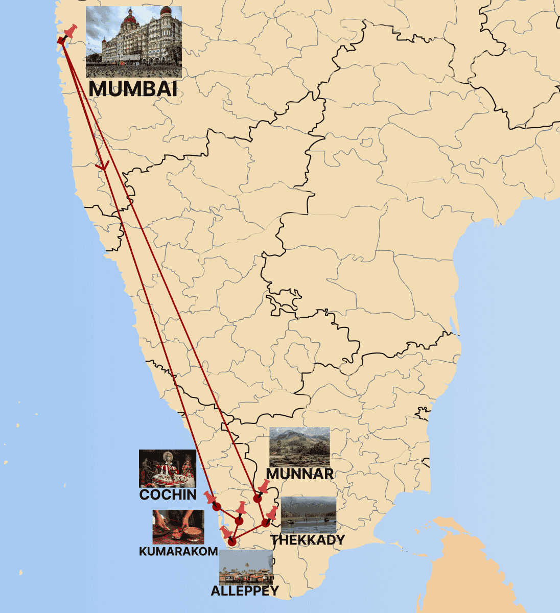 Ayurveda wellness tour route map in India featuring major healing and wellness destinations