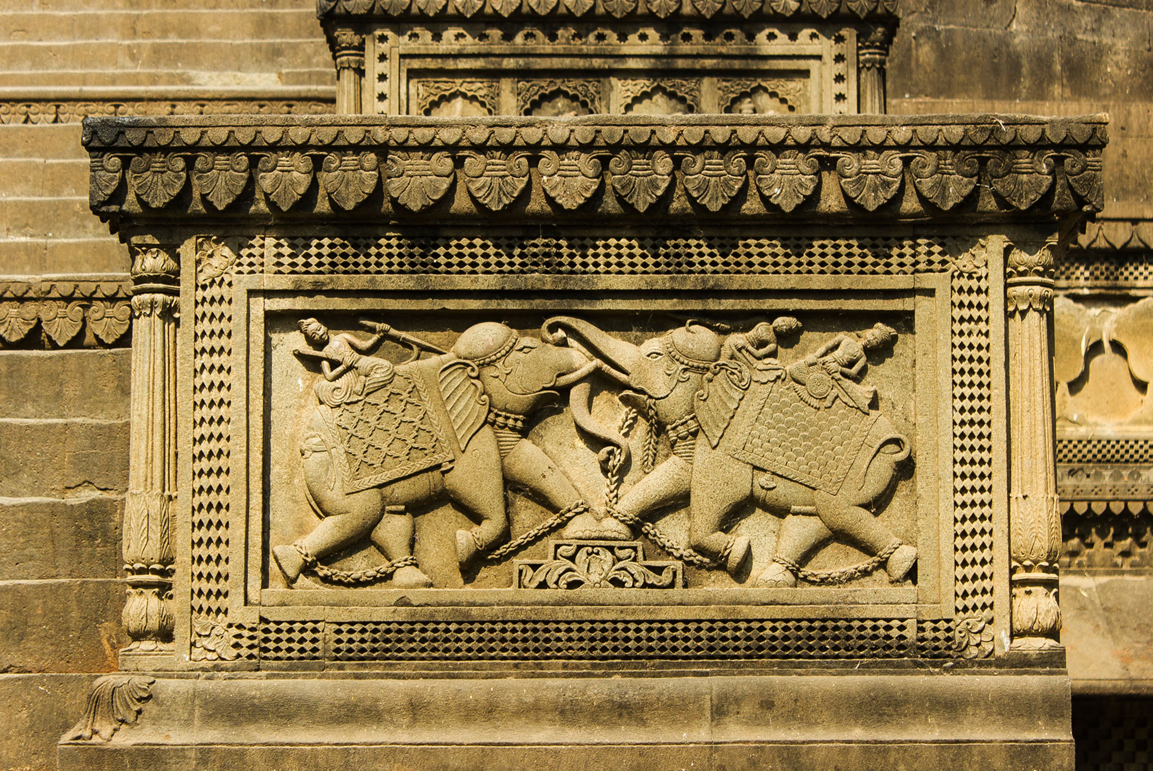 Ahilya Fort architecture - stone carvings and Maratha design in Maheshwar